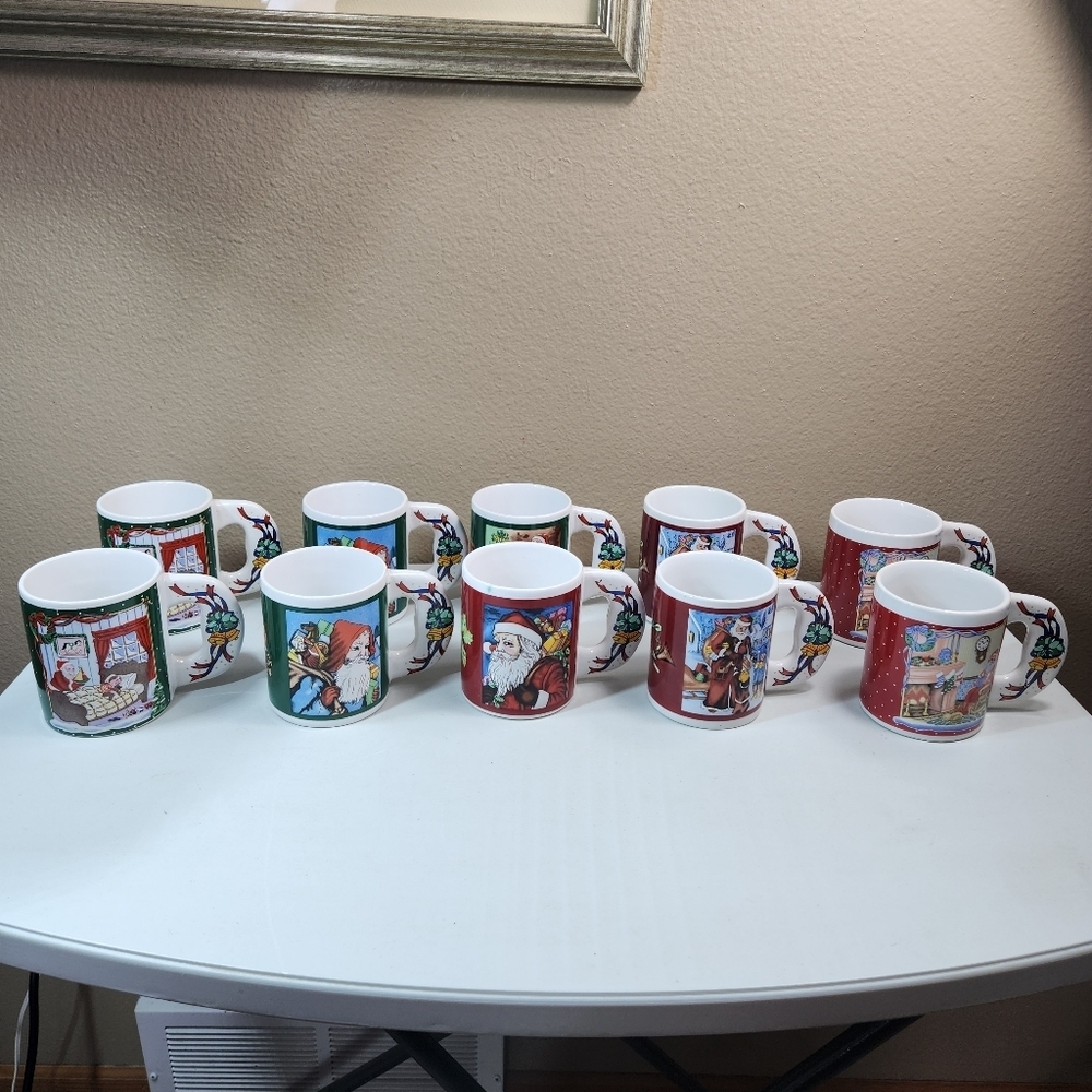 Vintage Ceramic Big Flat Handled Christmas Santa Claus Coffee Mugs (Set Of 10)